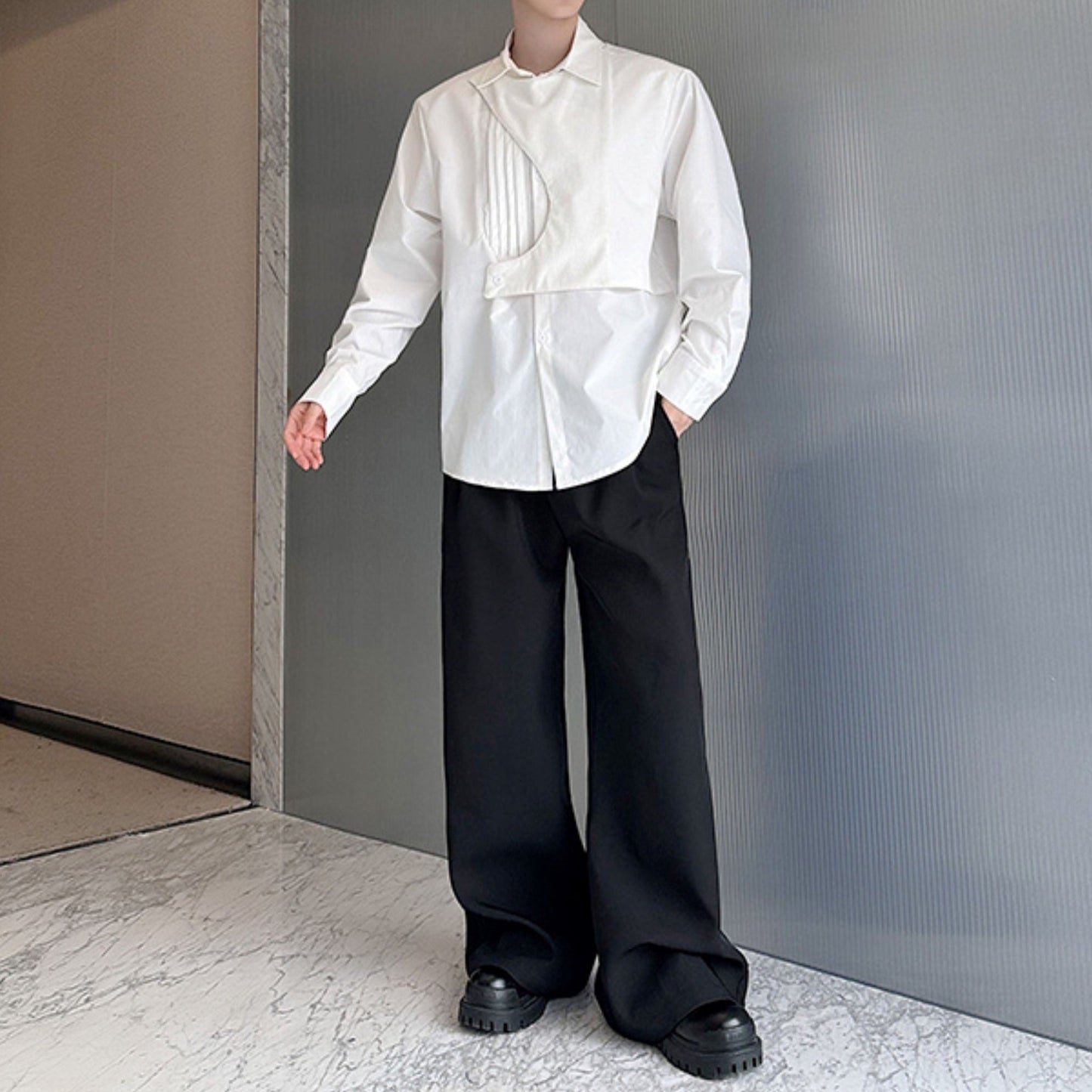 フラップデザイン アシンメトリー ロングスリーブシャツ