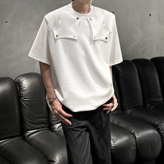 スプリットデザイン パッドショルダー ハーフスリーブTシャツ