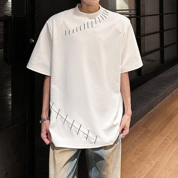 ハンドステッチデザイン パッドショルダー ハーフスリーブTシャツ