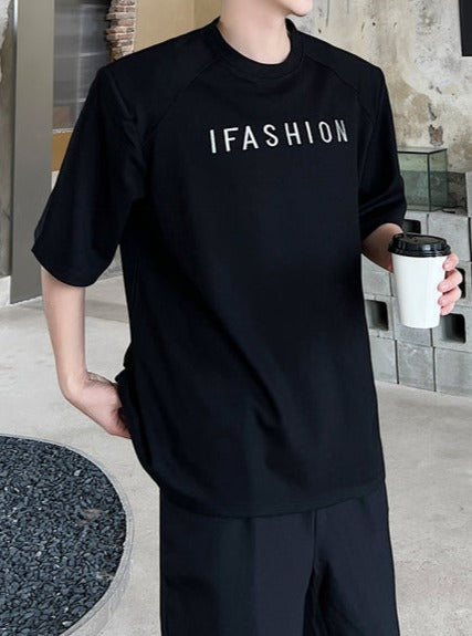 ラウンドネック パッドショルダー ハーフスリーブ Tシャツ