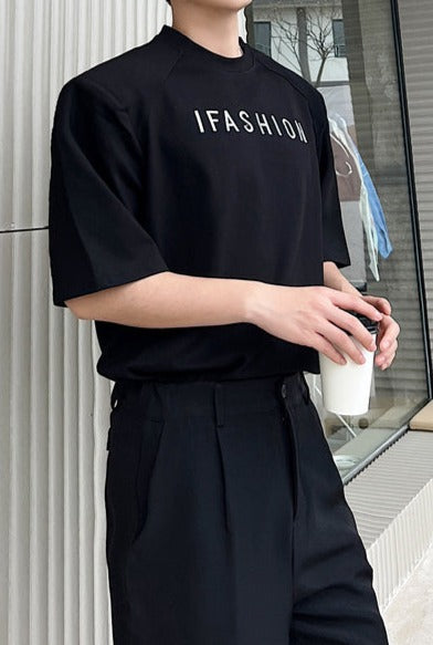 ラウンドネック パッドショルダー ハーフスリーブ Tシャツ