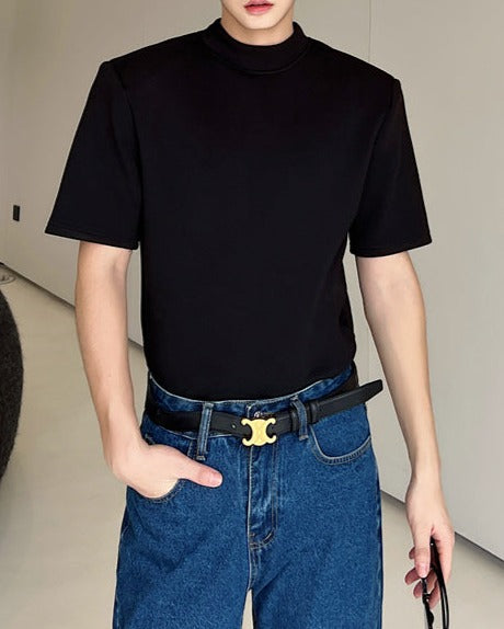 スリム ハイネック パッドショルダー ハーフスリーブTシャツ