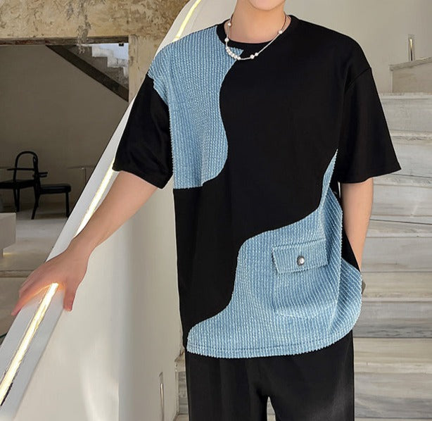 パッチワーク アシンメトリー ハーフスリーブ Tシャツ
