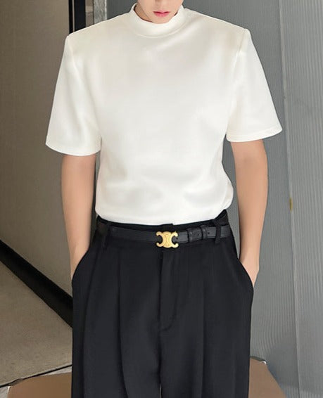 スリム ハイネック パッドショルダー ハーフスリーブTシャツ