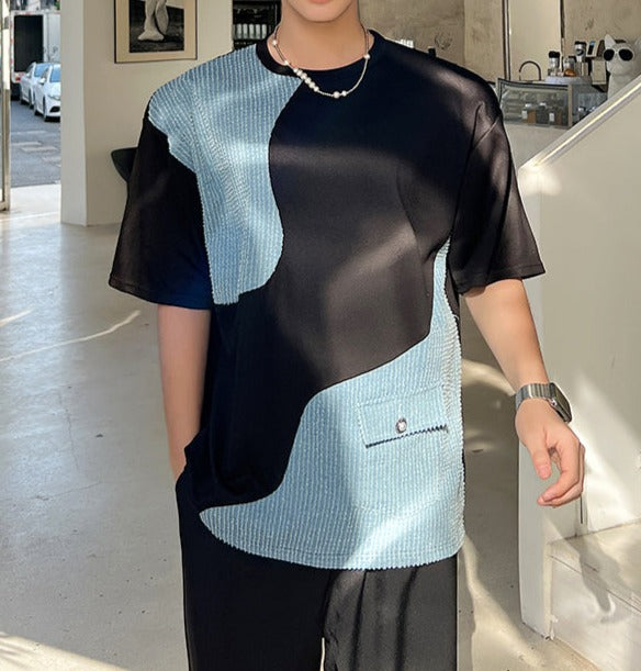 パッチワーク アシンメトリー ハーフスリーブ Tシャツ