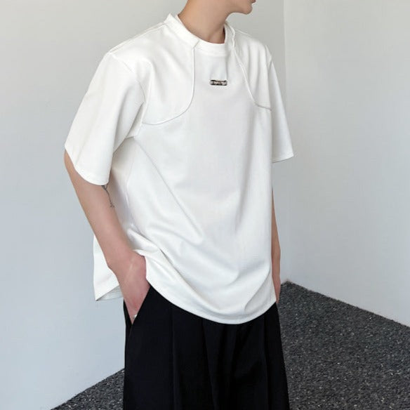 メタルプレート ハーフスリーブ ラウンドネックTシャツ