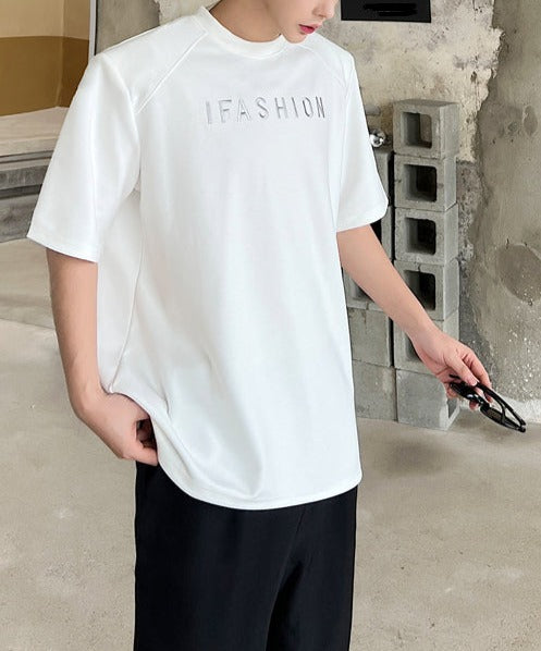 ラウンドネック パッドショルダー ハーフスリーブ Tシャツ