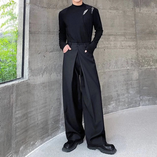 レイヤードウエスト ストレート ブラックパンツ