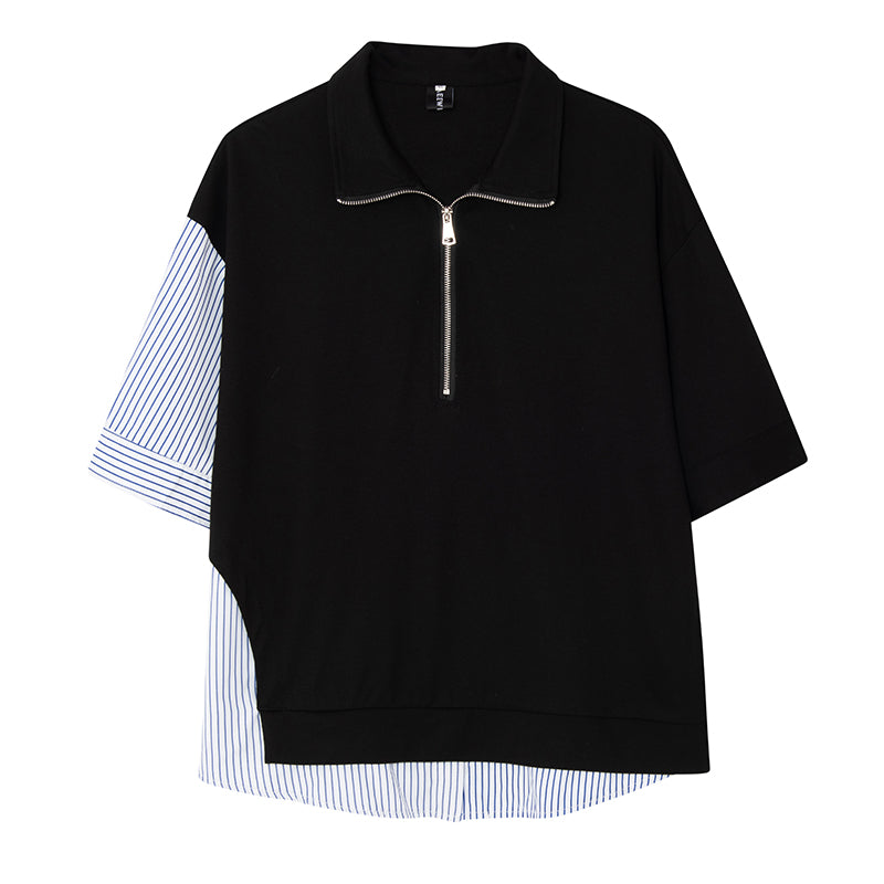 スタンドカラー ストライプ パッチワーク Tシャツ
