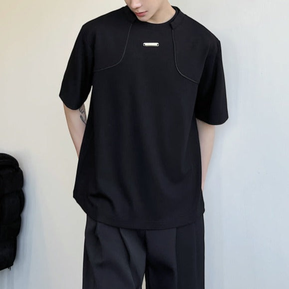 メタルプレート ハーフスリーブ ラウンドネックTシャツ