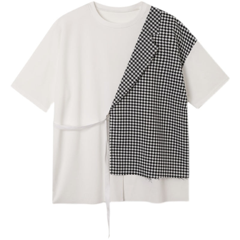 アシンメトリー パッチワーク ショートスリーブ Tシャツ