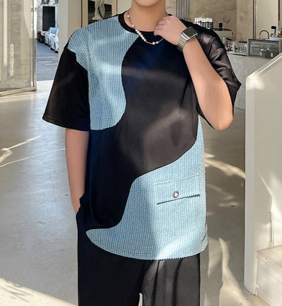パッチワーク アシンメトリー ハーフスリーブ Tシャツ