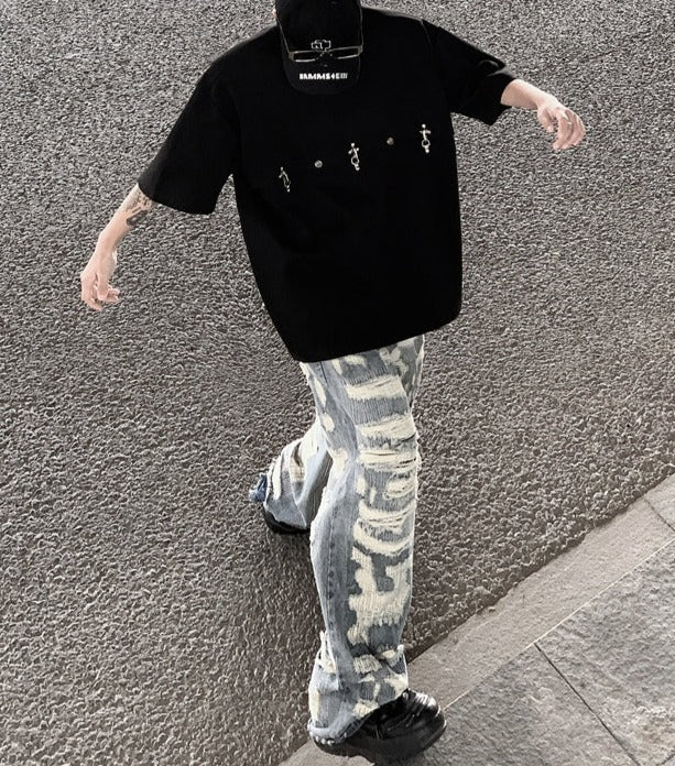 ヘビーウェイトデザイン ラウンドネック ハーフスリーブTシャツ