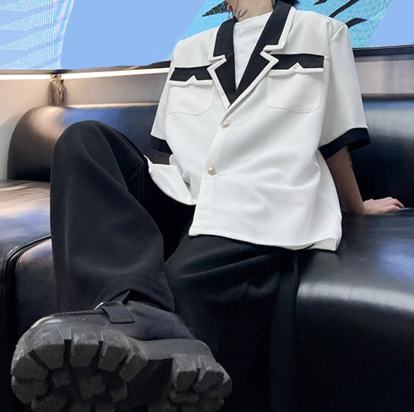 ラペルカラー ショルダーパッド ハーフスリーブシャツ