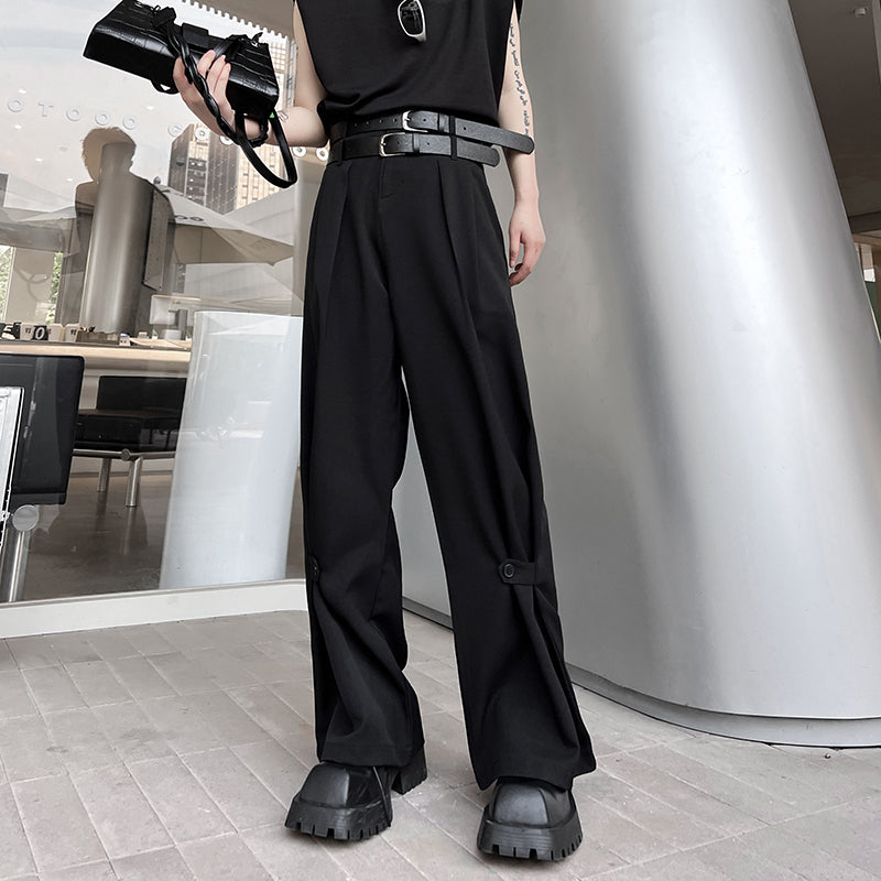 ダブルベルト ワイドストレート ブラックパンツ