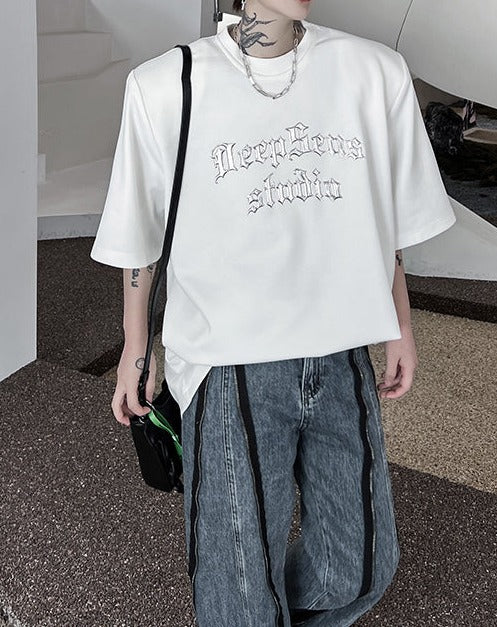 クラシックデザイン パッドショルダー ハーフスリーブTシャツ
