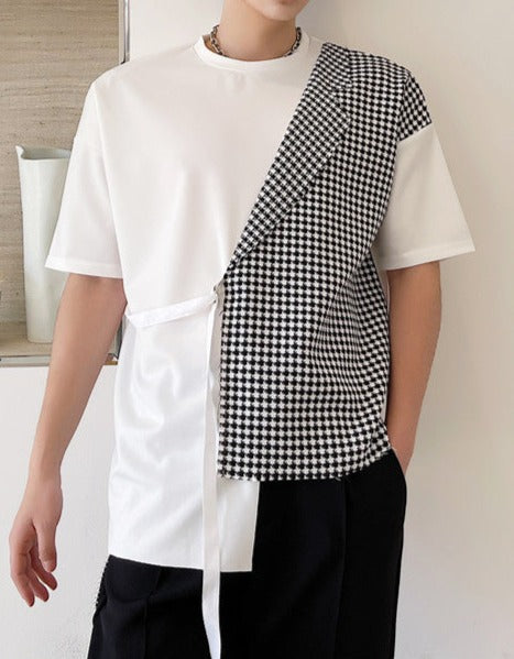 アシンメトリー パッチワーク ショートスリーブ Tシャツ