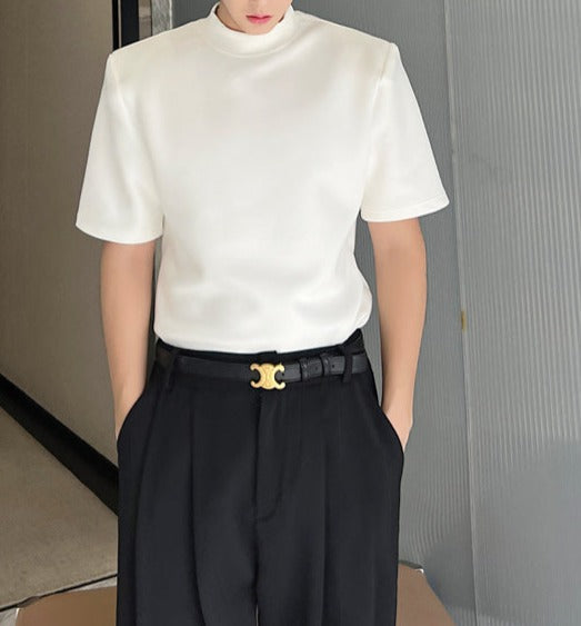 スリム ハイネック パッドショルダー ハーフスリーブTシャツ