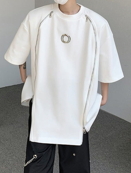 ダブルジップ スプリット パッドショルダー デザインTシャツ