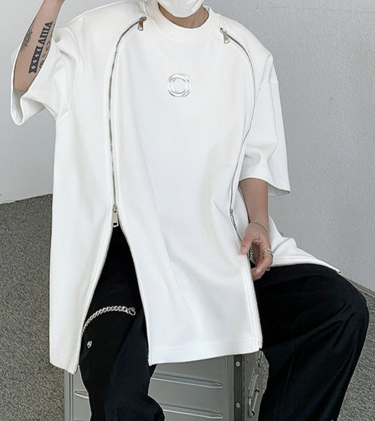 ダブルジップ スプリット パッドショルダー デザインTシャツ