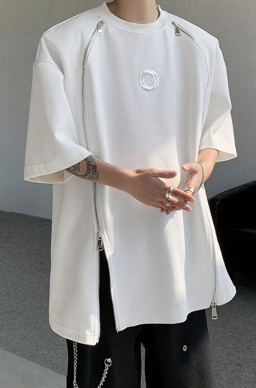 ダブルジップ スプリット パッドショルダー デザインTシャツ