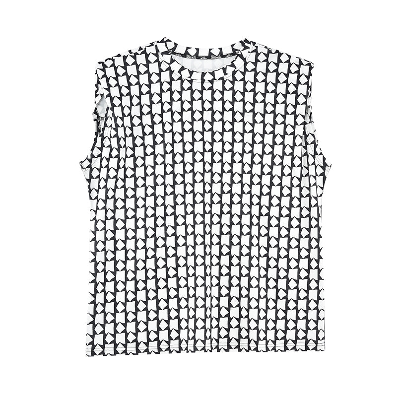 ジオメトリックパターン パッドショルダー ノースリーブ Tシャツ
