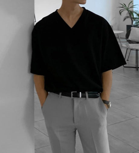 Vネック シンプルデザイン ハーフスリーブ Tシャツ
