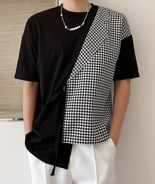 アシンメトリー パッチワーク ショートスリーブ Tシャツ