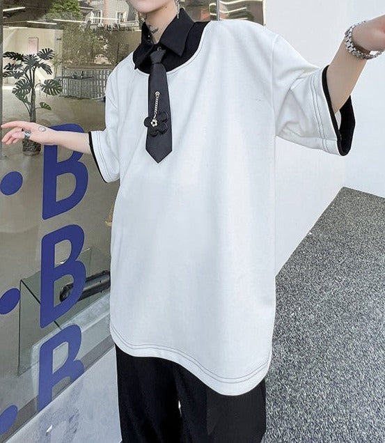ネクタイデザイン フェイクレイヤード ハーフスリーブ Tシャツ