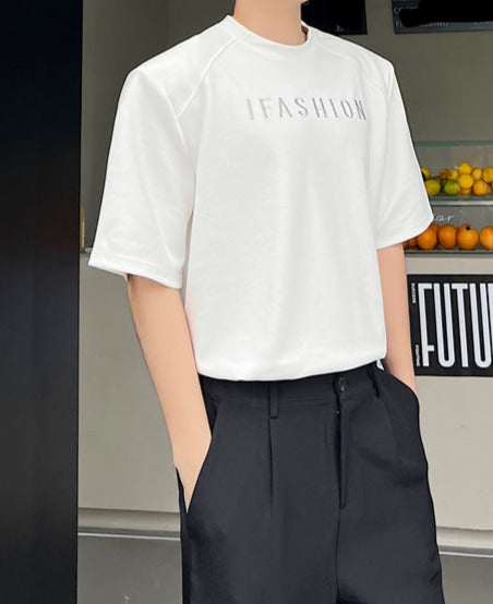 ラウンドネック パッドショルダー ハーフスリーブ Tシャツ