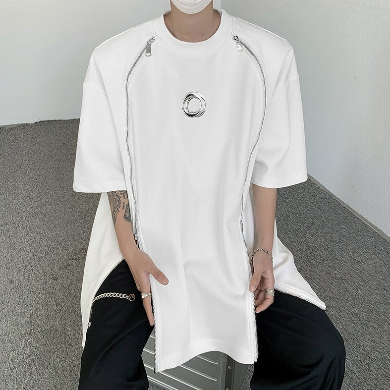 ダブルジップ スプリット パッドショルダー デザインTシャツ