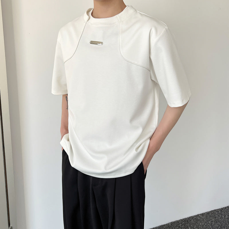 メタルプレート ハーフスリーブ ラウンドネックTシャツ