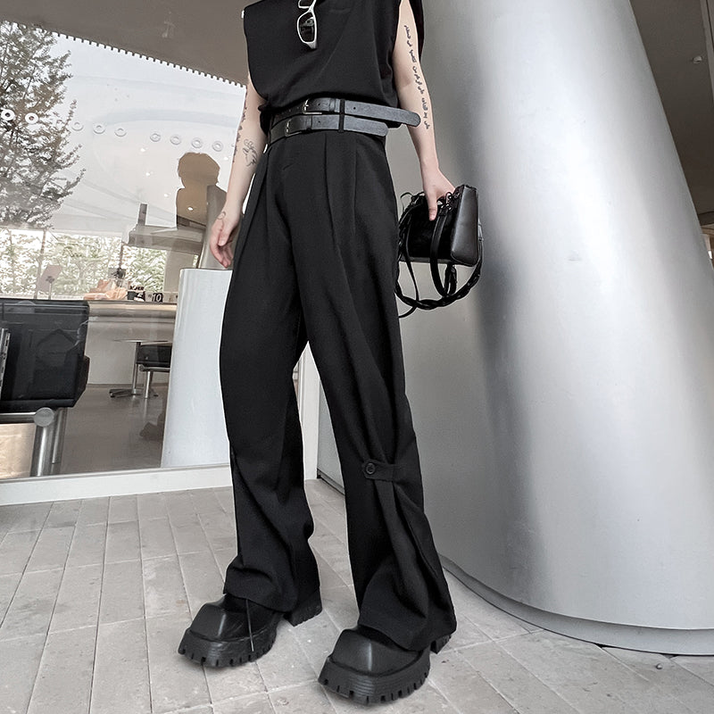 ダブルベルト ワイドストレート ブラックパンツ