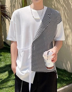 アシンメトリー パッチワーク ショートスリーブ Tシャツ