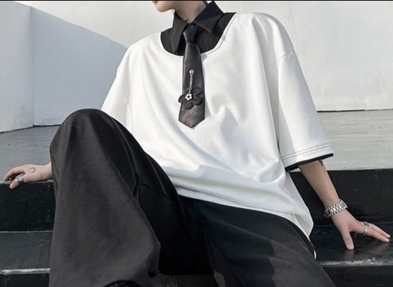 ネクタイデザイン フェイクレイヤード ハーフスリーブ Tシャツ