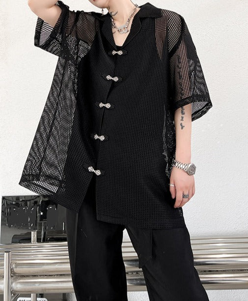 メッシュ メタルボタン ハーフスリーブシャツ