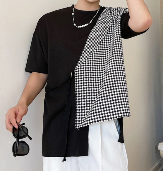 アシンメトリー パッチワーク ショートスリーブ Tシャツ