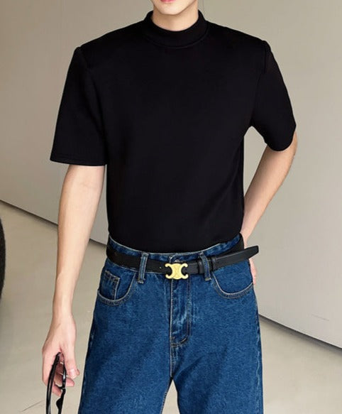スリム ハイネック パッドショルダー ハーフスリーブTシャツ