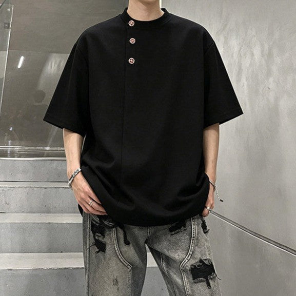 アシンメトリーヘンリーネック ハーフスリーブTシャツ