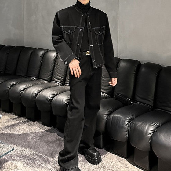 ノーカラー ステッチド ショートジャケット