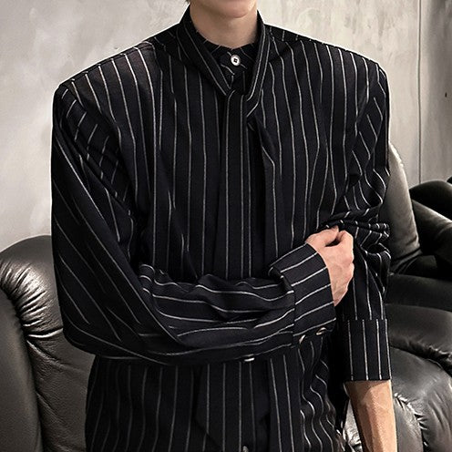 ストライプ パッドショルダー スタンドカラー ロングスリーブシャツ