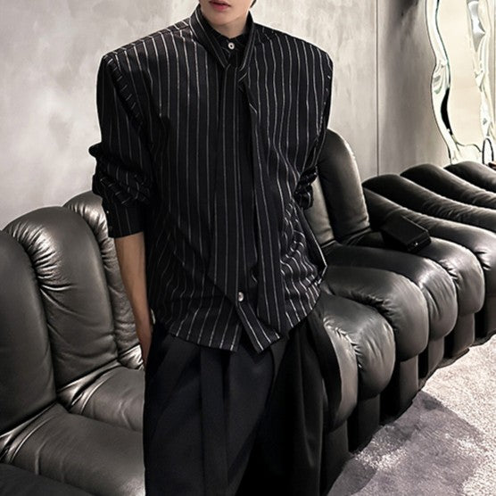 ストライプ パッドショルダー スタンドカラー ロングスリーブシャツ