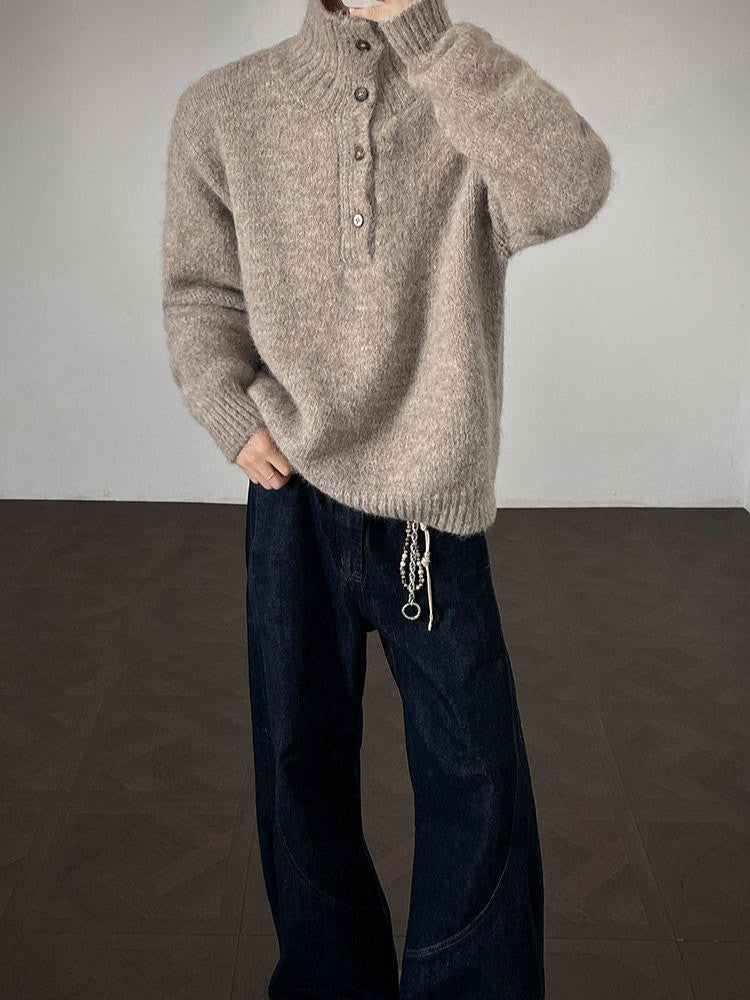 ハーフボタンタートルネック ウール プルオーバーニット