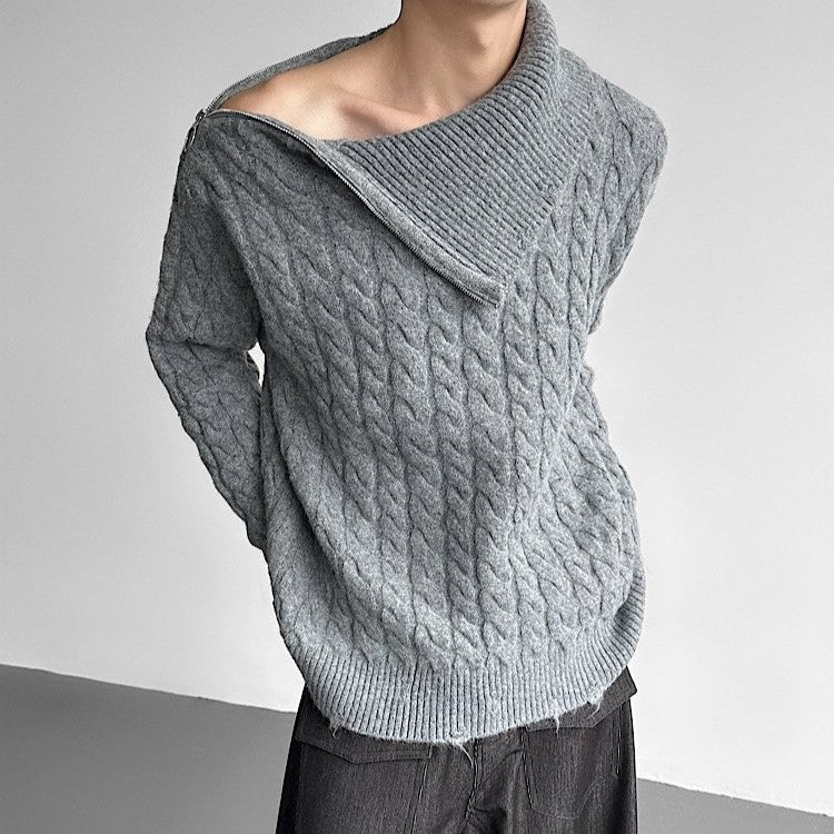 ジッパータートルネック ダメージテイスト ケーブルニット