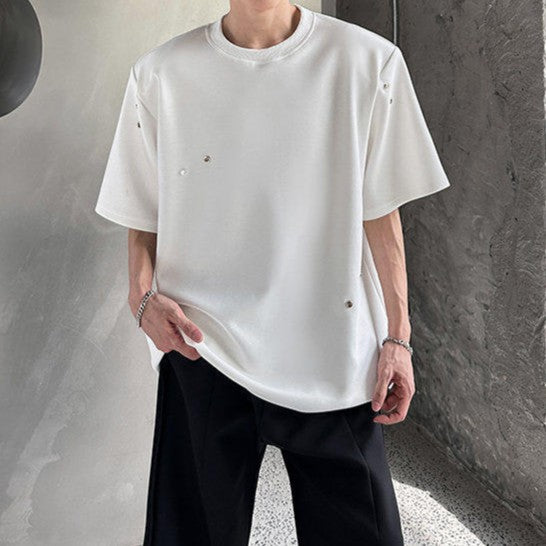 スナップボタンデザイン パッドショルダー ハーフスリーブＴシャツ