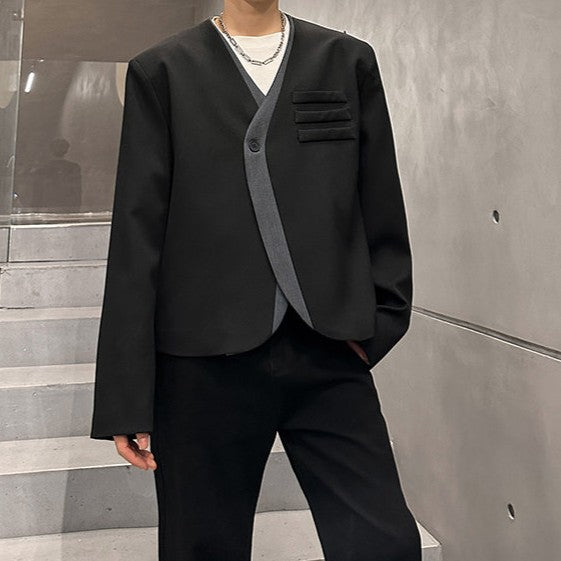 ツートンカラー ショート ノーカラー テーラードジャケット