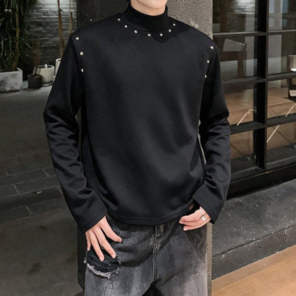 スタッズデザイン ロングスリーブ ハイネックTシャツ