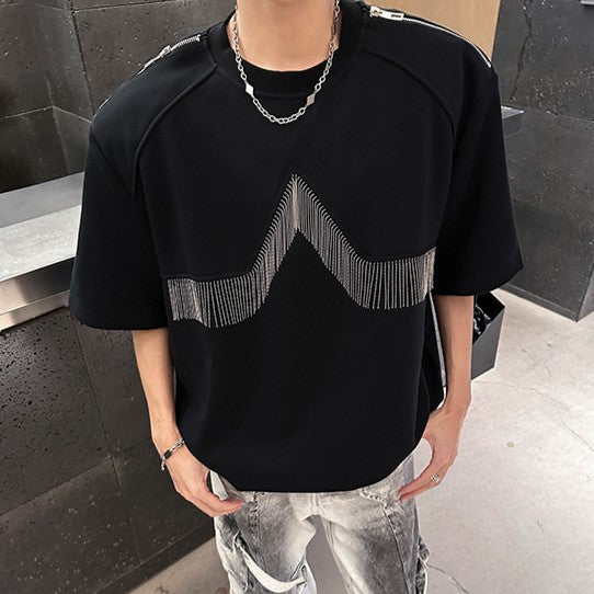 フリンジデザイン パッドショルダー ハーフスリーブTシャツ