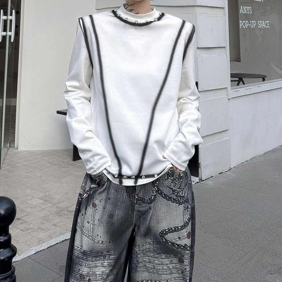 グラフィティ ラインストーン ハイネック ロングスリーブTシャツ