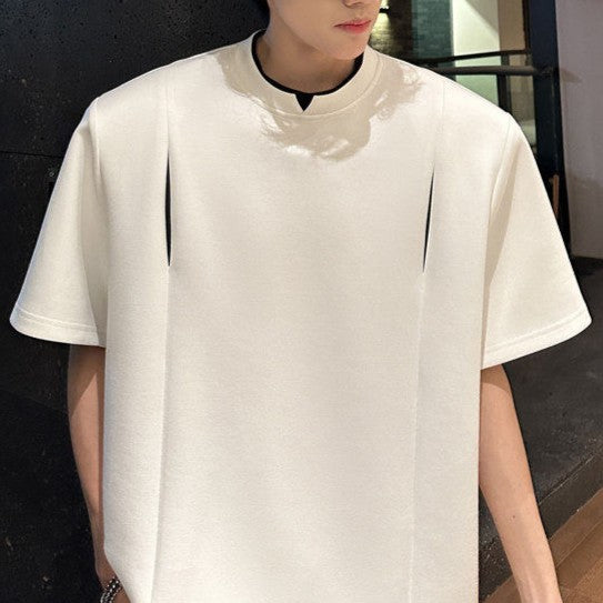 フェイクレイヤード パッドショルダー ハーフスリーブTシャツ
